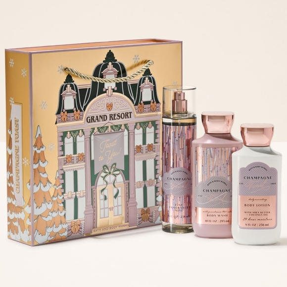 Bath & Body Works Champagne Toast Lotion Body Wash & Mist 4 Pc Box Gift Set NEW